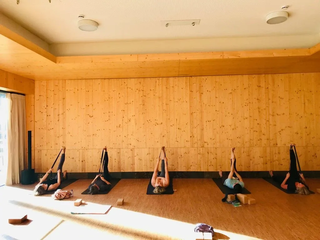 Yogagruppe übt mit Gurten in einem hellen Yogaraum mit Holzwänden